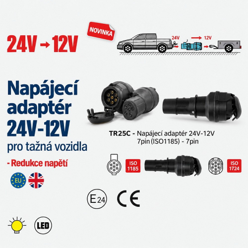 Napájací adaptér 24 V na 12 V pre príves s 7pin konektormi ISO 1185 a ISO 1724