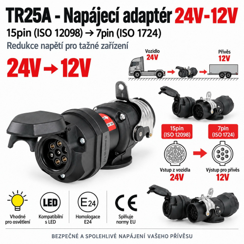 Napájací adaptér 24 V na 12 V z 15pin ISO 12098 na 7pin ISO 1724