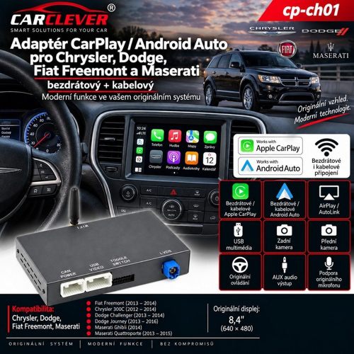 Adaptér CarPlay a Android Auto pre vybrané Chrysler, Dodge, Fiat Freemont a Maserati s 8,4" displejom