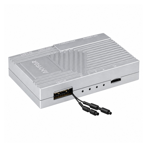 Predná strana adaptéra s konektormi POWER/CAN, CAMERA/USB a LVDS-IN a LVDS-OUT