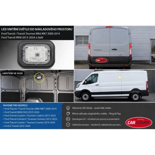 LED svetlo do nákladového priestoru Ford Transit s ukážkou umiestnenia vo vozidle