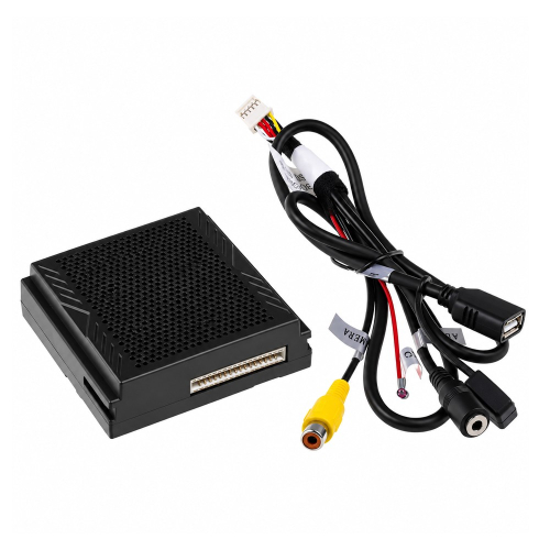 Adaptér CarPlay s pripojovacou kabelážou, USB zásuvkou, žltým RCA konektorom a audio konektorom