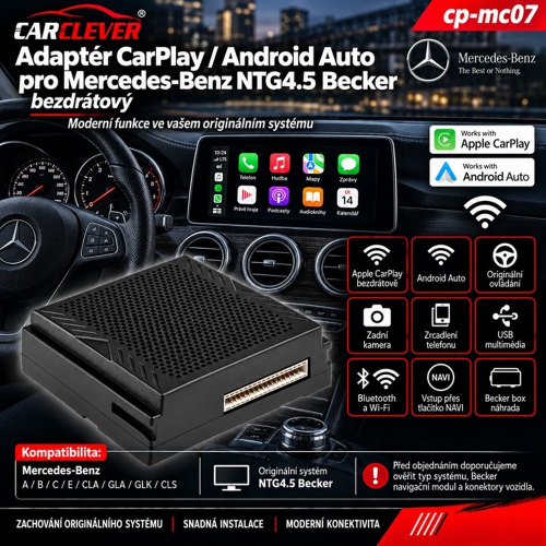 Prehľad funkcií adaptéra CarClever CP-MC07 pre Mercedes-Benz NTG4.5 Becker s bezdrôtovým CarPlay a Android Auto