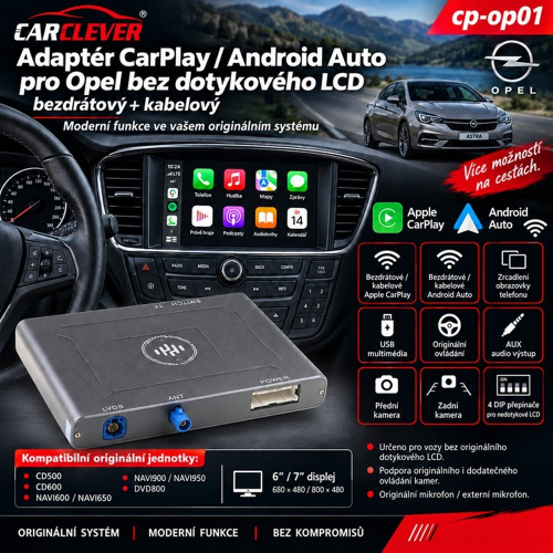 Prehľad funkcií adaptéra CarClever CP-OP01 pre Opel s bezdrôtovým aj káblovým CarPlay a Android Auto