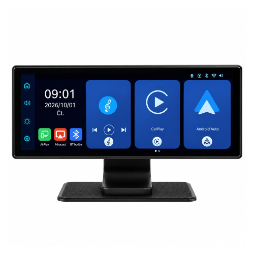 Úvodné menu monitora s funkciami CarPlay, Android Auto, AirPlay, Miracast a Bluetooth hudbou