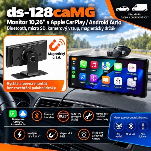 Prehľad funkcií 10,26" monitora DS-128caMG s bezdrôtovým CarPlay, Android Auto a magnetickým držiakom