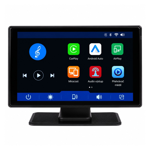 Úvodné menu monitora s funkciami CarPlay, Android Auto, AirPlay, Miracast a prehrávačom médií