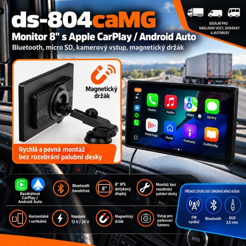 Prehľad funkcií monitora DS-804caMG s bezdrôtovým CarPlay, Android Auto a magnetickým držiakom