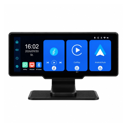 Úvodné menu monitora s funkciami CarPlay, Android Auto, AirPlay, Miracast a Bluetooth hudbou