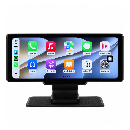 Predná strana monitora DS-801caMG s obrazovkou Apple CarPlay a ikonami navigácie, hudby a správ