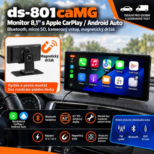 Prehľad funkcií 8,1" monitora DS-801caMG s bezdrôtovým CarPlay, Android Auto a magnetickým držiakom