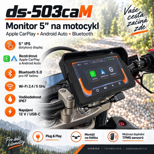 Zadná strana motocyklového monitora s kĺbovým držiakom a objímkou na upevnenie na riadidlá