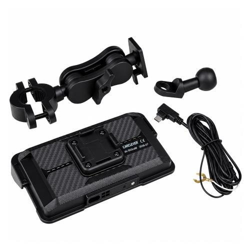 Obsah balenia motocyklového monitora s držiakom na riadidlá, adaptérom pod zrkadlo a napájacím káblom USB-C