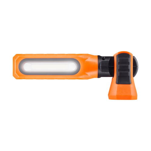 Oranžová inšpekčná lampa s dvoma vysunutými háčikmi na zavesenie